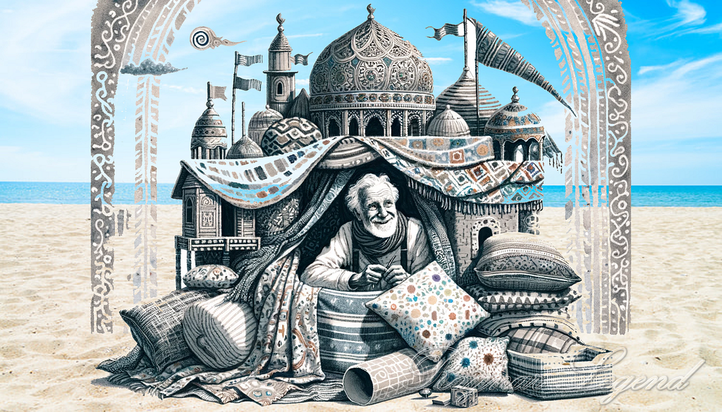 Elderly man in a playful fort made of pillows and blankets, showing the joy of comfort and adventure in later life.