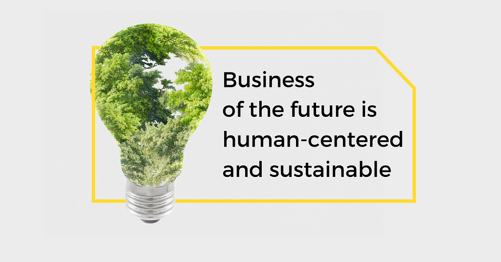 Green light bulb with tree inside and the title: business of the future is human-centered and sustainable. Yellow frame, light-grey background, black letters.