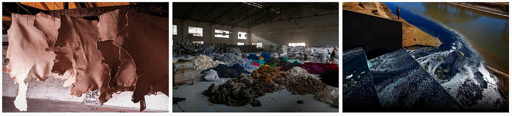 1. Salted hides from pasture-farmed cattle hang before tanning [Credit: British Pasture Leather]; 2. Hundreds of tons of clothing in colour-sorted piles in an abandoned factory [Credit: Francois le Nguyen on Unsplash]; 3. Blue-coloured effluent enters a river in Africa from textile factories [Credit: Water Witness].