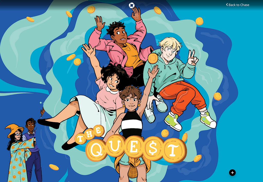 Comic Book illustration with 4 teens floating on a blue field. Behind them a Wizard uses her wand. The Quest title is overlayed.