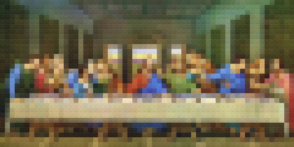 A fuzzy depiction of Da Vinci’s painting, The Last Supper, done in Legos.