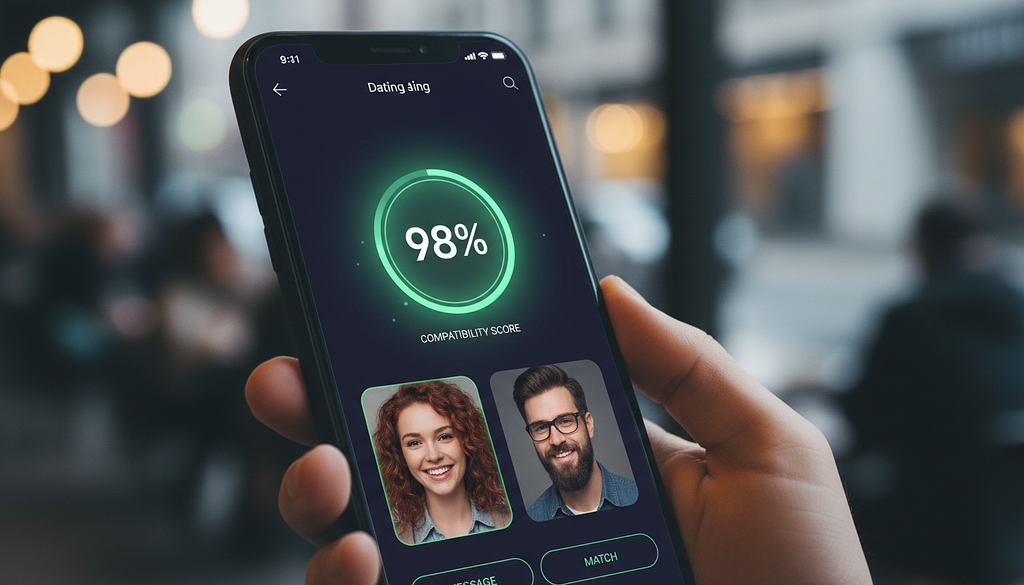 A close-up shot of a smartphone screen displaying a vibrant dating app interface, featuring a prominent, glowing compatibility score highlighted in emerald green against a dark, modern UI