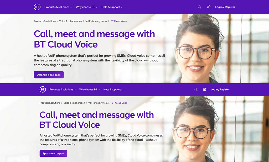 A comparison of two BT Cloud Voice promotional banners showing a woman with brown hair and glasses with two different CTAs. “Arrange a call back” on one banner and “Speak to an expert” on the other.