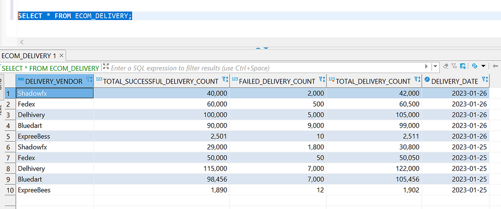 E_COM DELIVERY Sample Data Table