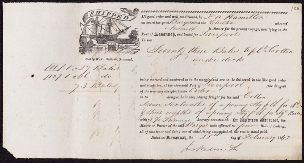 A document detailing a shipment of cotton from Savannah to Liverpool