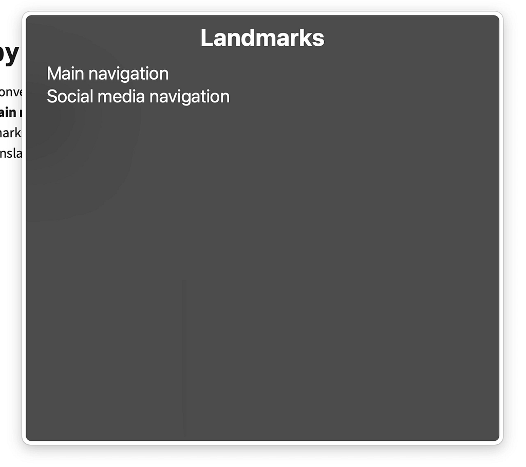 Screen shot of rotor menu containing two named navigation landmarks, one listed as “Main navigation” and the other listed as “Social media navigation.”