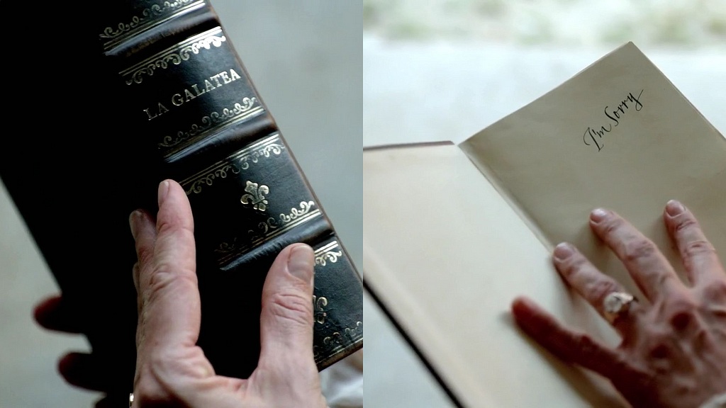 Two images: Miranda holds a copy of La Galatea. She opens the book to a handwritten message from Flint, “I’m sorry.”