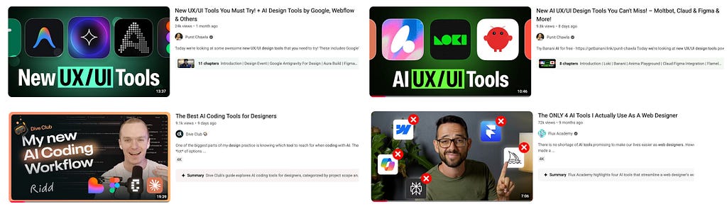 Screenshots of YouTube videos about which AI tools designers should use