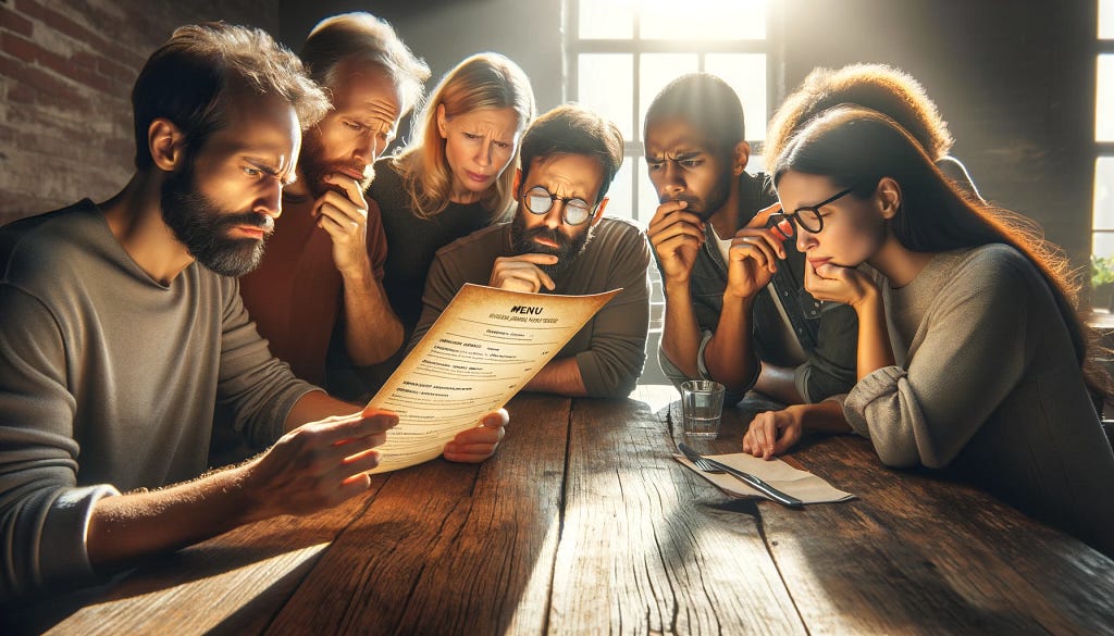 Diverse group of friends reading a restaurant menu with a focus on food allergy concerns.
