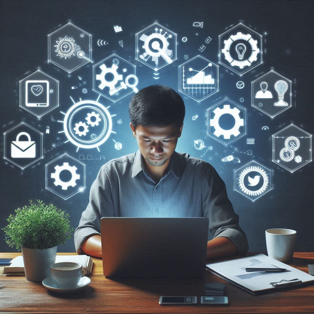 The image shows a man sitting at a desk, working on a laptop. He appears to be in deep concentration, illuminated by the laptop’s screen in a dark environment. Above him are various glowing icons and symbols floating in the air, representing different aspects of technology and digital work. These include gears, graphs, lightbulbs, social media logos, and other tech-related imagery. On the desk are a plant, a notebook, and coffee cups, suggesting a workspace setting.