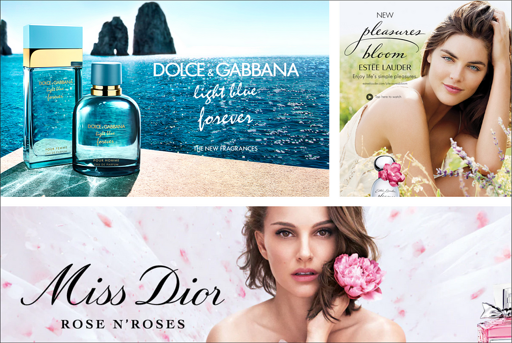 A collection of perfume advertisements using script fonts.