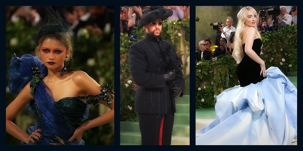 A collage of 3 celebrity outfits from The Met Gala 2024.