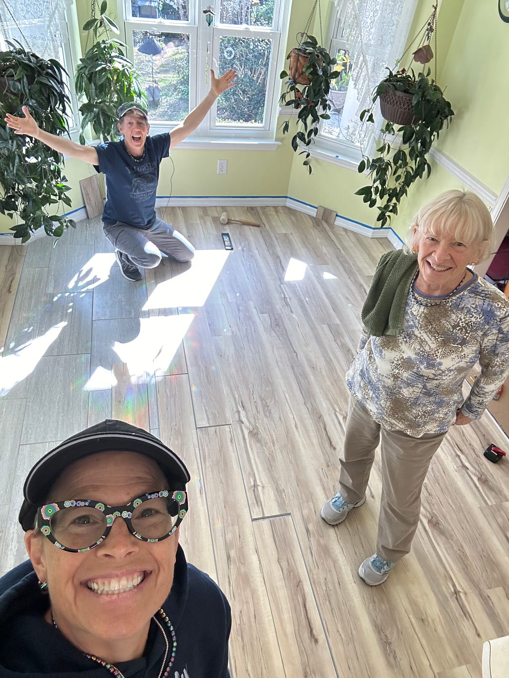 CC, Doc and CC’s Mom working on the new kitchen flooring at Mom’s house! Doc loves to show women that DIY is possible and even fun!