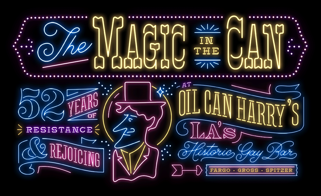 Neon sign with the story title and the logo of Oil Can Harry’s, which is the profile of a man wearing a top hat