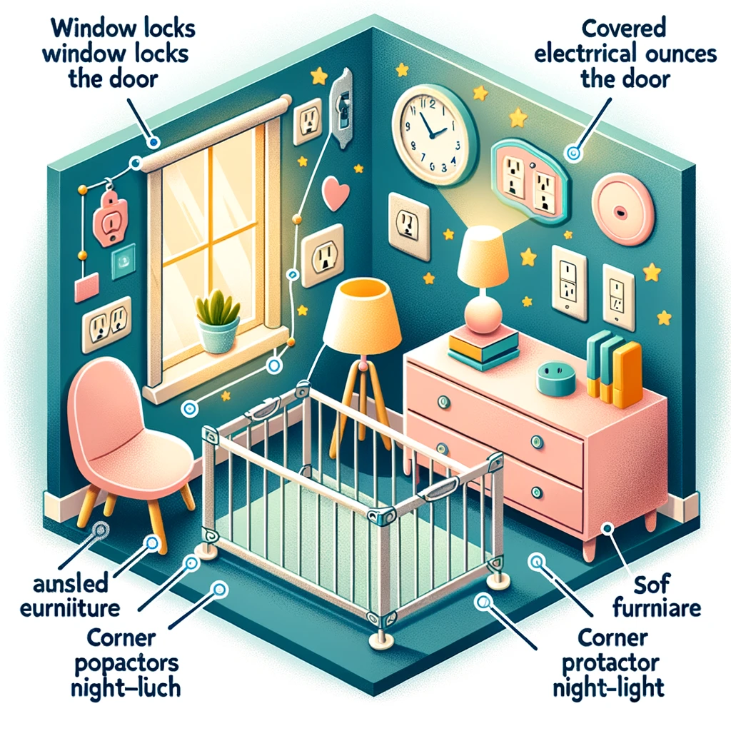 Detailed illustration of a toddler’s room with emphasis on safety features, including window locks, safety gates, and a soft night-light