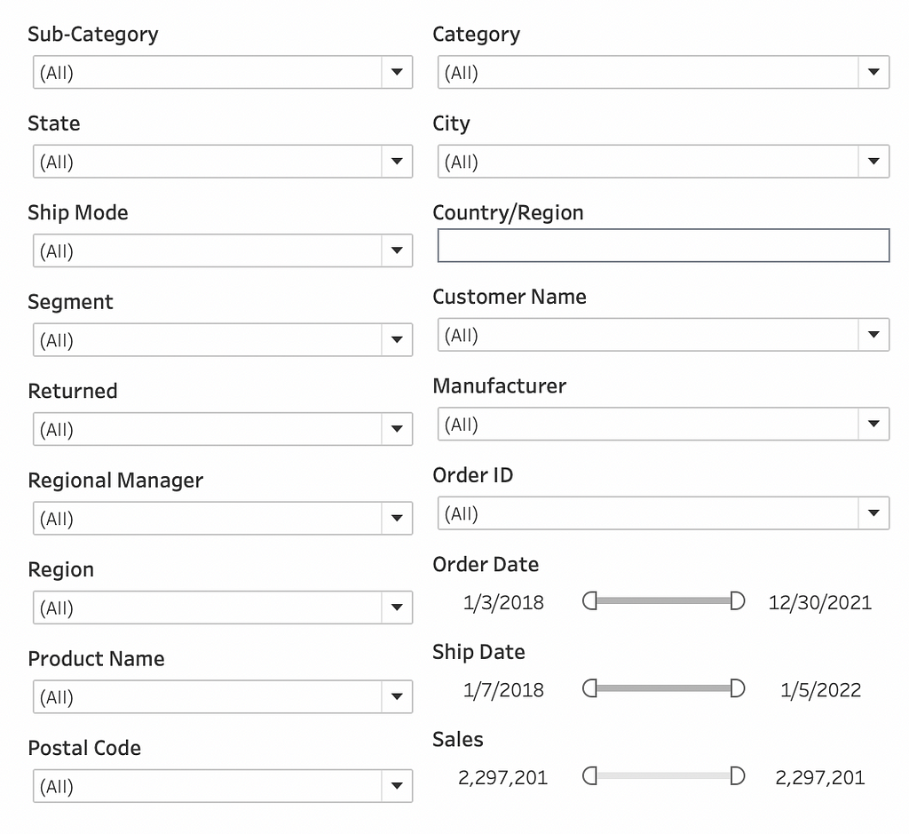 A two column, wall of filters. Text is small and black on a white background.