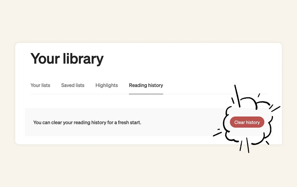 screenshot of the library on Medium, including your lists, saved lists, highlights, reading history, and clear history button