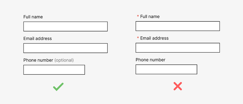 Image showing two examples. The first is showing an optional form field with the word ‘optional’ in brackets. The second image shows a very small asterik to indicate the form field is required.