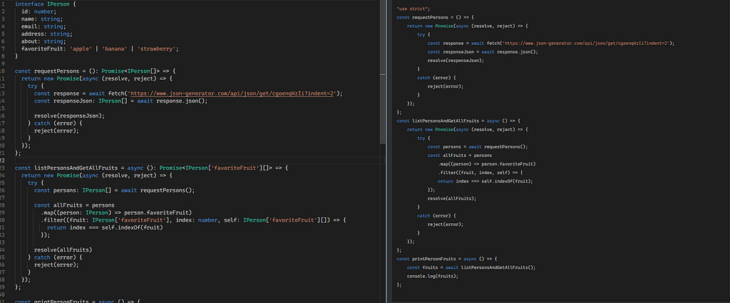 Exemplo de código TypeScript e JavaScript