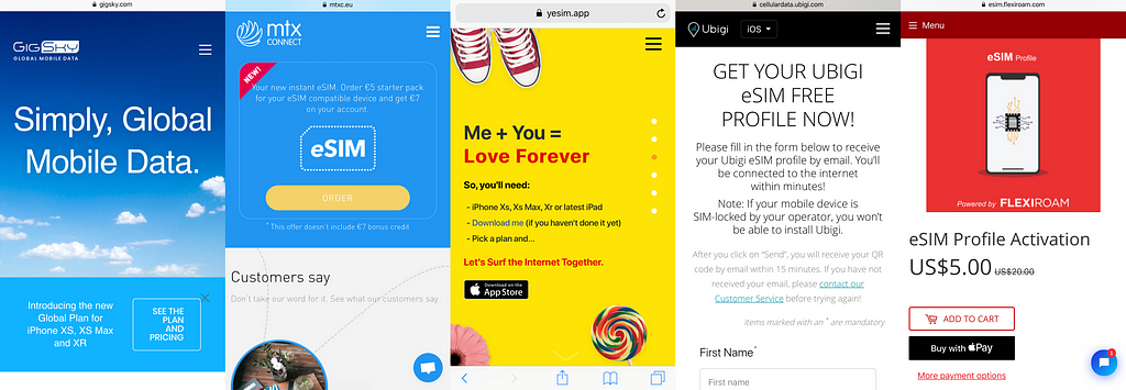Mobile screenshots of esim provider websites