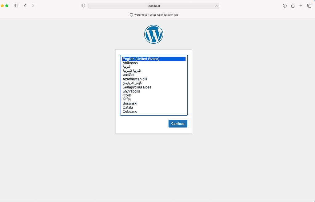 Screen 1: Initial WordPress Installation Page.