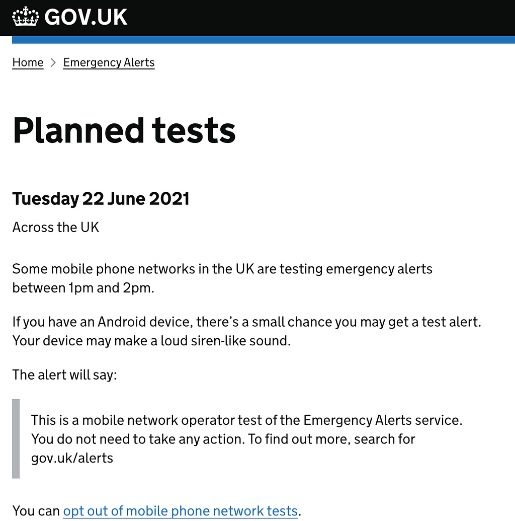 Image of GOV.UK Alerts page describing the testing on the 22 June for android users.