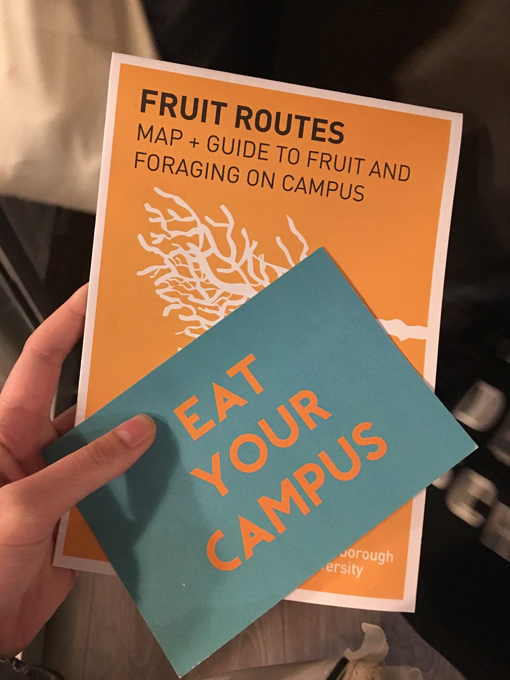 A post card which reads “Eat your Campus” and an informational guide with map booklet about Fruit Routes.
