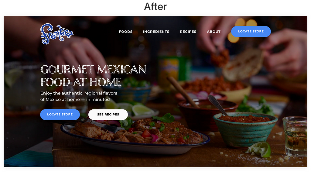 Section 1 of Frontera’s website after the redesign.