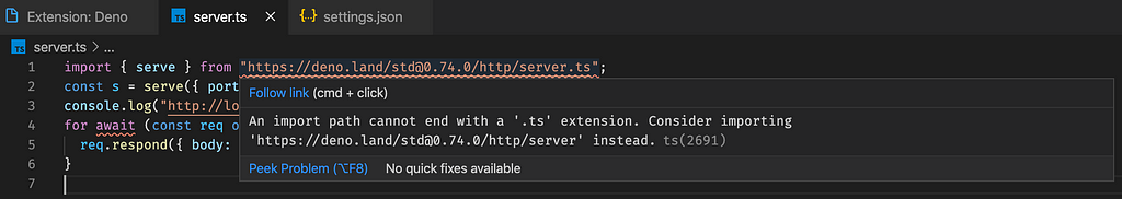 Deno warnings on visual studio code