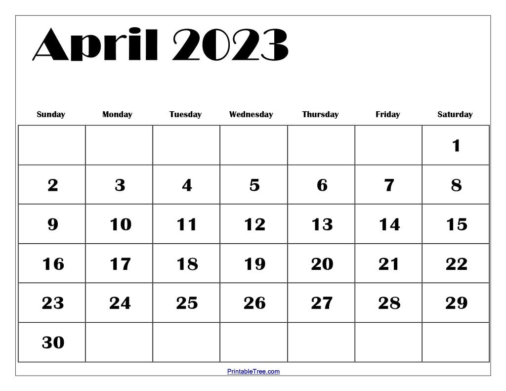 April 2023 Calendar Printable-with Printabletree.com