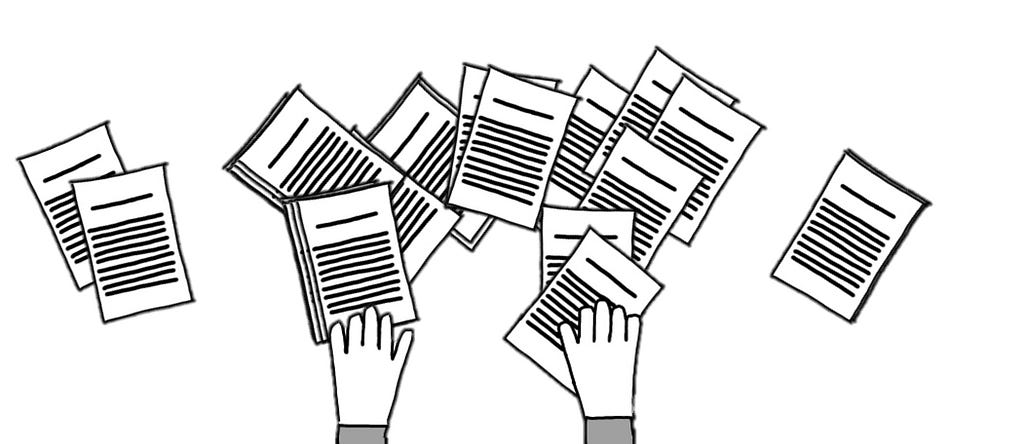 A drawing of a pair of hands sorting through a pile of papers.