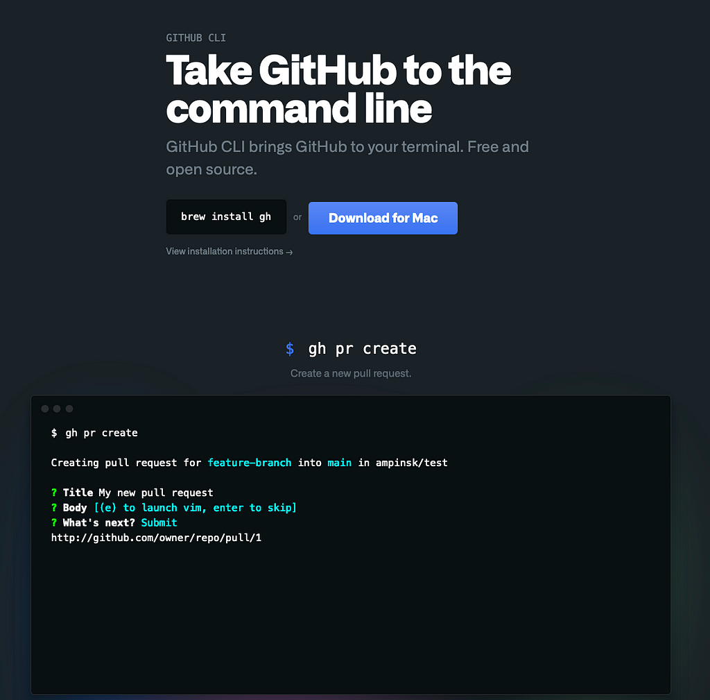 A screenshot from the official GitHub CLI site https://cli.github.com