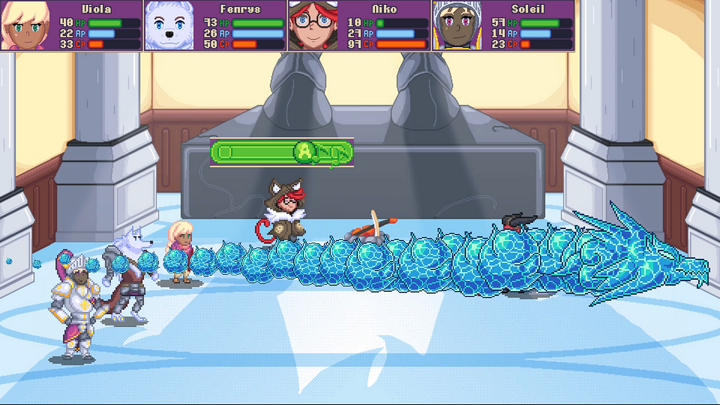 A screenshot of combat in Viola showing required button sequences to successfully cast powerful attacks against enemies.