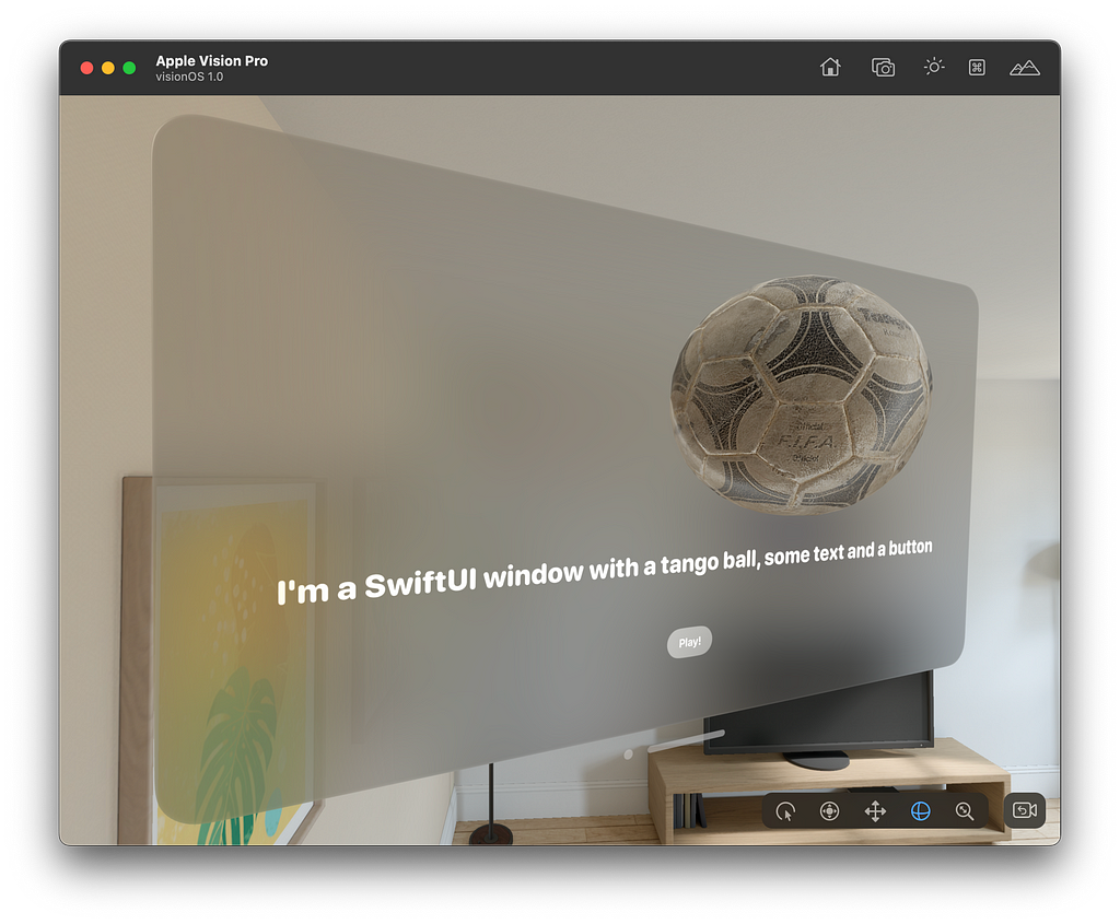 A SwiftUI window with some text, a button and a Tango Ball!