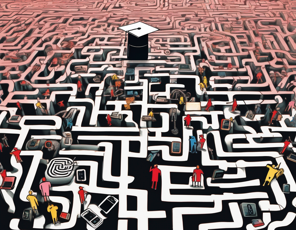 A maze with a path made of digital devices leading to an open door or graduation cap, symbolizing how EdTech guides learners through educational journeys