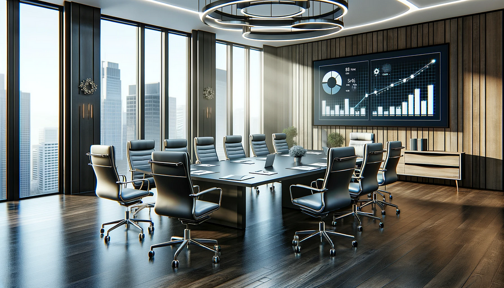 Meeting room with a large table, modern chairs, and a digital screen showing a productivity graph, symbolizing an efficient and collaborative meeting space.