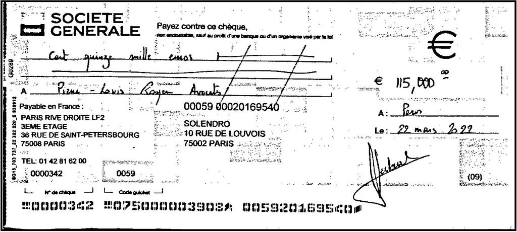 Chèque de 115 000 euros signé par Jean-Pierre Lestavel au nom de PLR Avocats, encaissé le 5 avril 2022