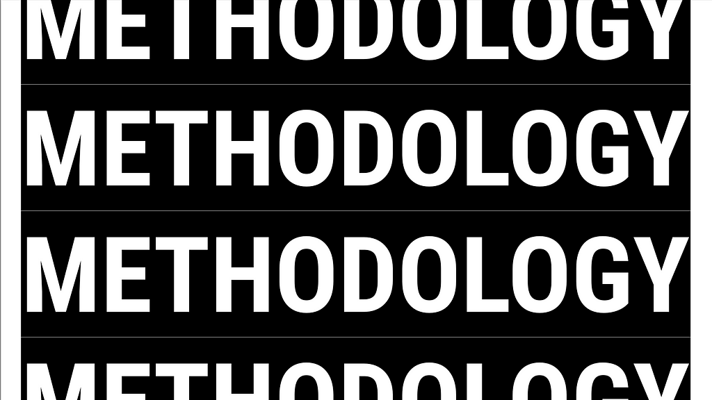 A slide that is big white all caps repeating the word ‘methodology’ on a black background