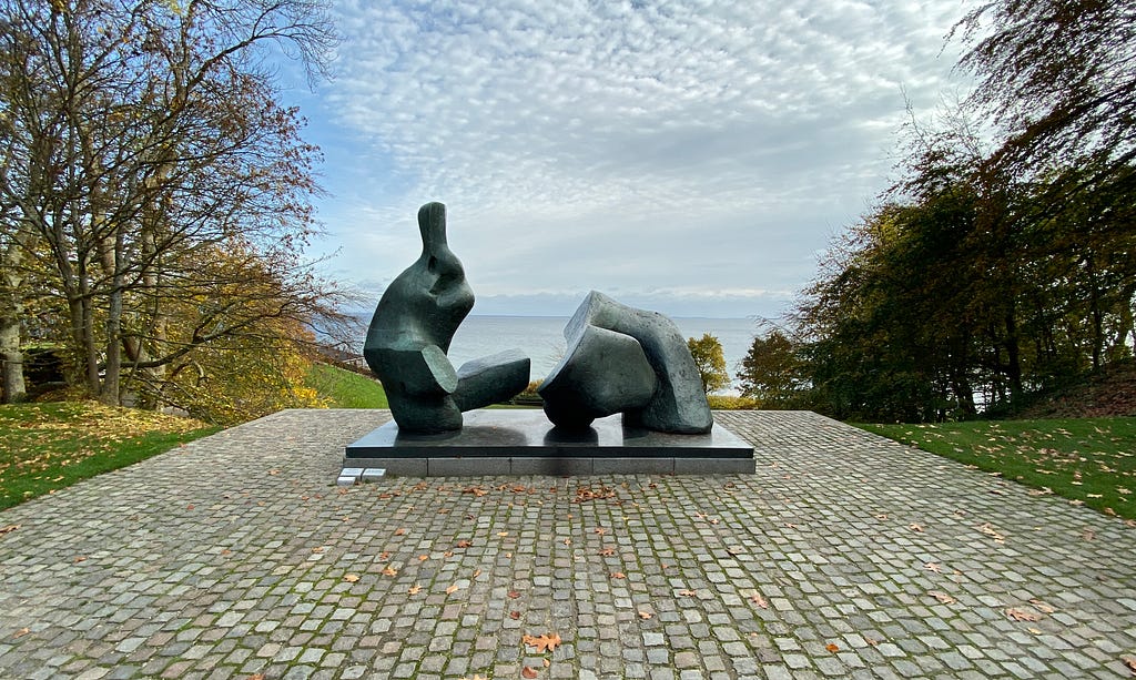 View of Henry Moore sculpture in sculpture garden at the Louisiana Museum, Denmark