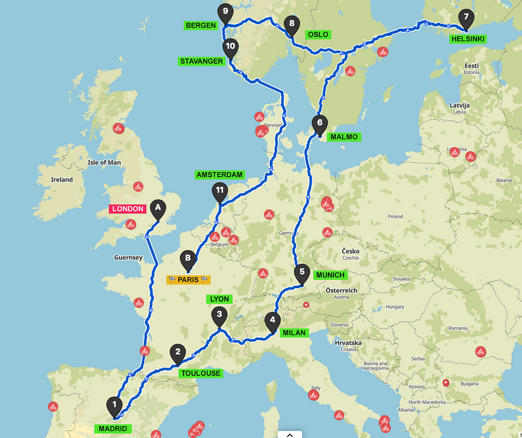 A Google map image of the Tour de frog route in 2021, showing the path it took, starting in London, Madrid, Toulouse, Lyon, Milan, Munich, Malmo, Helsinki, Oslo, Bergen, Stavanger, Amsterdam and finishing in Paris.