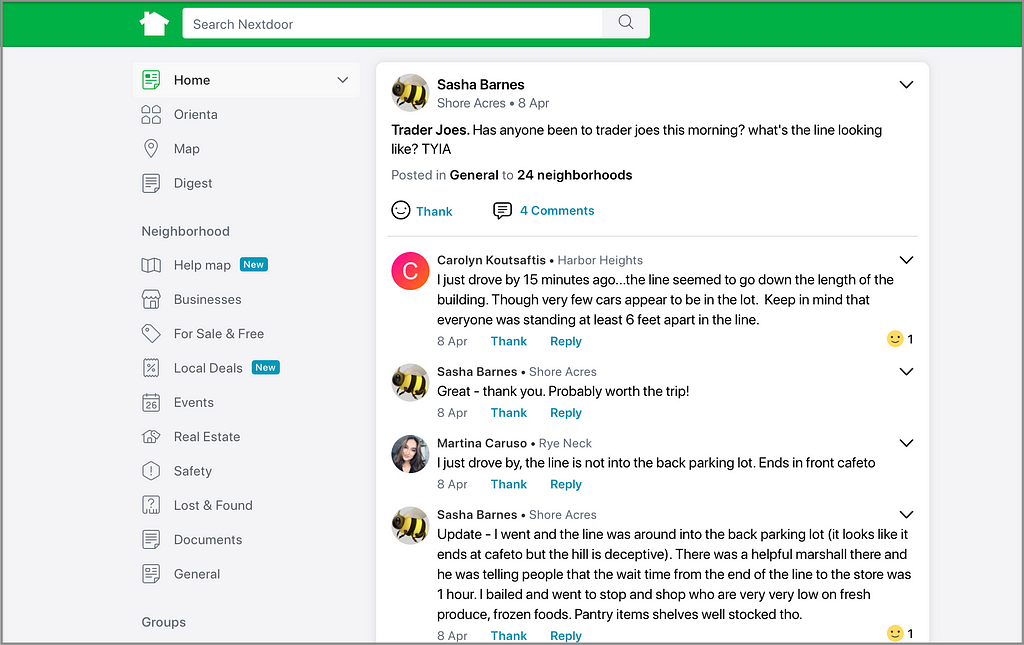 Screenshot of a Post about lines at a Supermarket on Nextdoor.