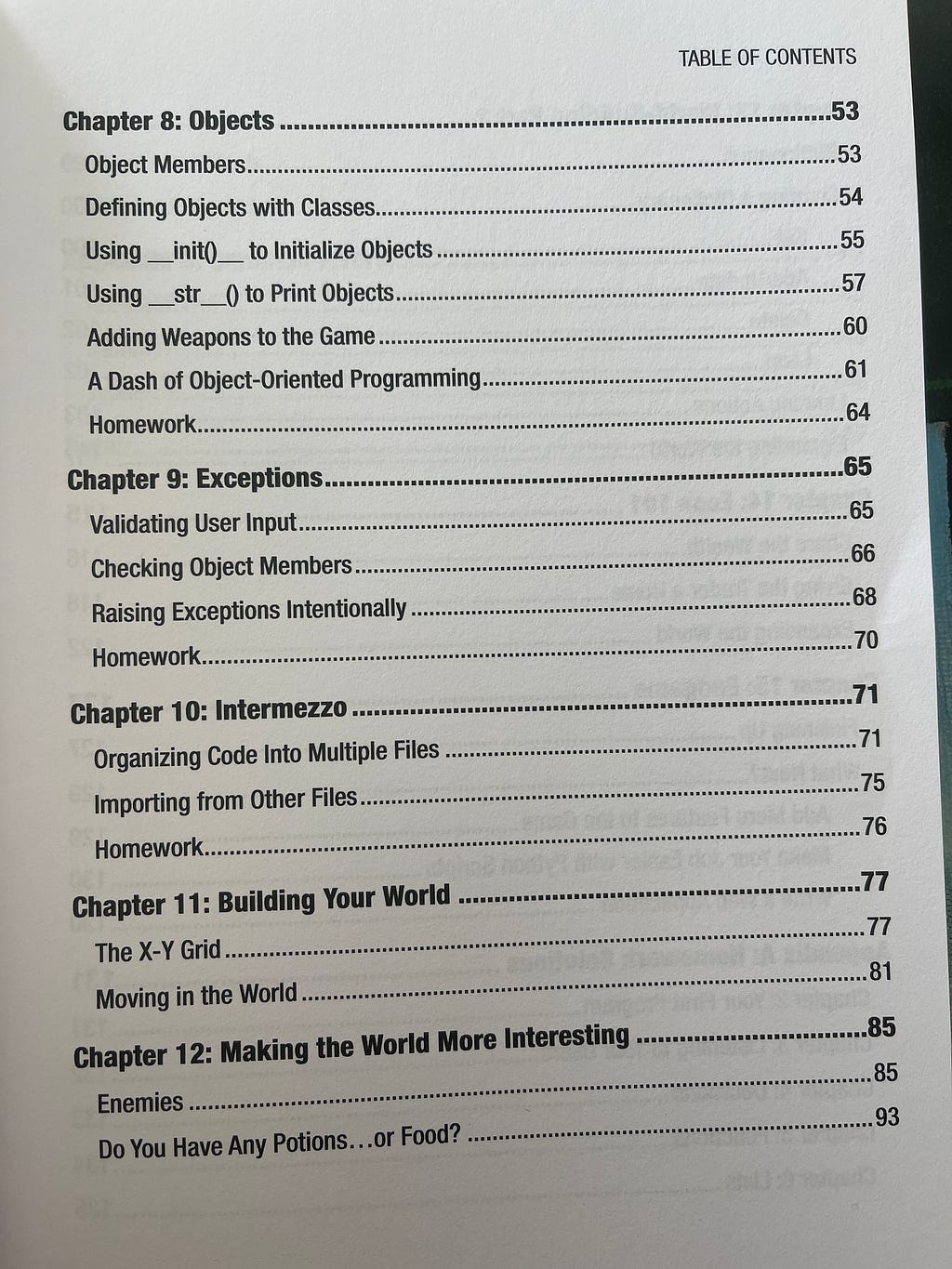 Table of contents for the textbook on writing python-based text adventure games.