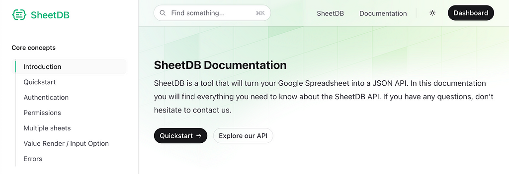 SheetDB documentation homepage