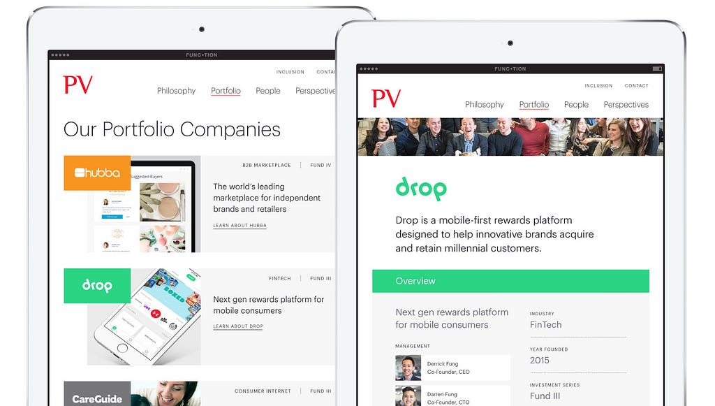 UI design for Plaza Venture’s company portfolio pages shown on iPad devices