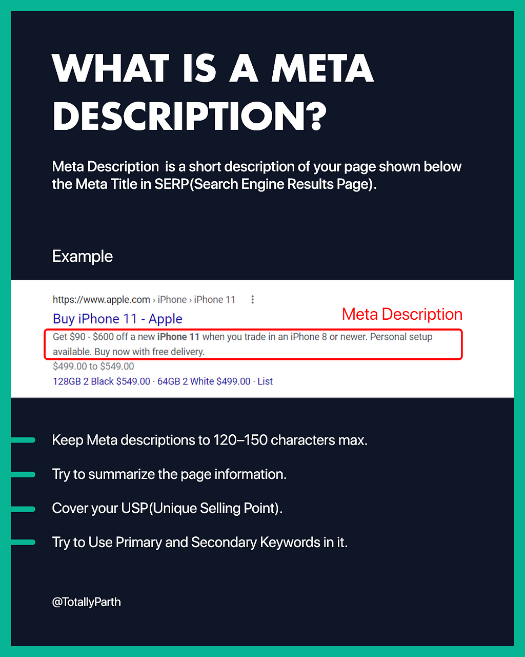 Image with Question, Example and Optimization points of Meta Description