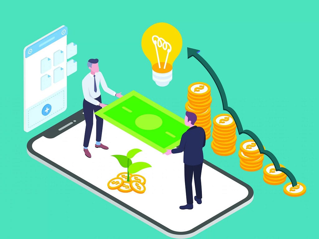 An investor and an entrepreneur hold cash in a graphic.