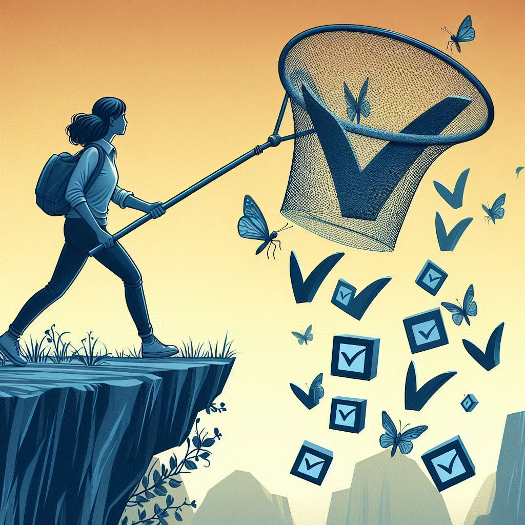 A swarm of checkboxes with wings are making themselves hard to catch. A young woman is trying to catch one checkbox using a butterfly net. The woman carrying the net is about to step off a cliff!