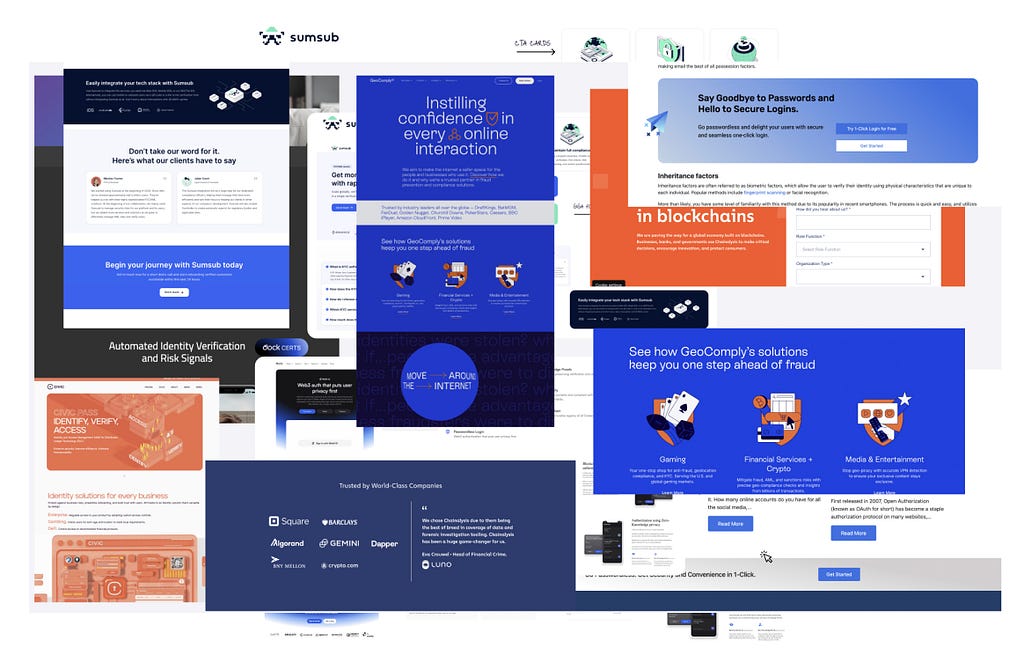 Image of clustered screenshots from visual competitor analysis, showcasing most popular color choice is blue. Complementary contrast with blue makes few of the orange examples really pop out.