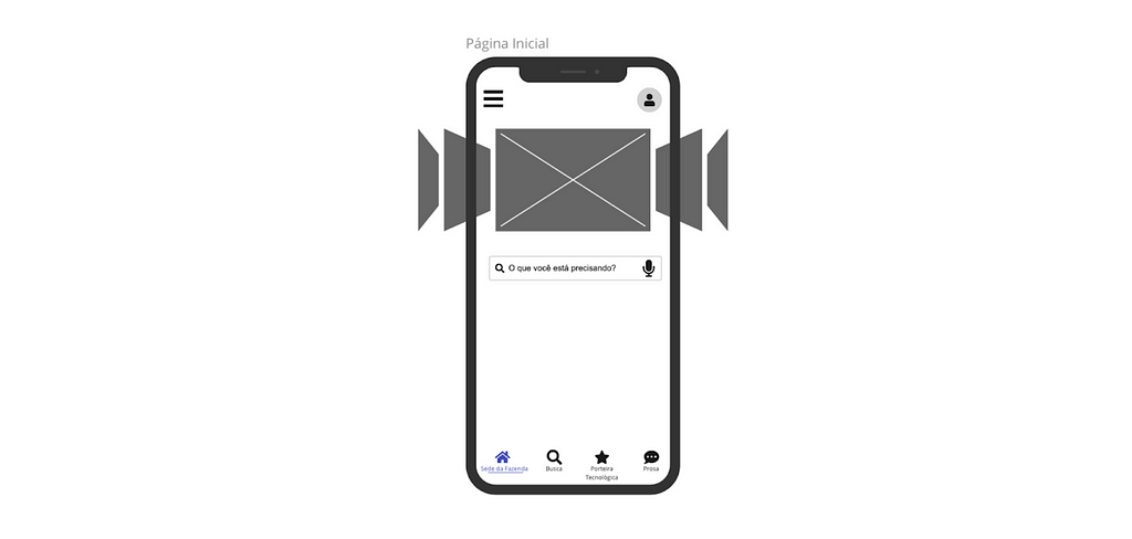Um desenho/ilustração de um celular/tela de celular no estilo wireframe que significa um rascunho de como seria a tela no celular.