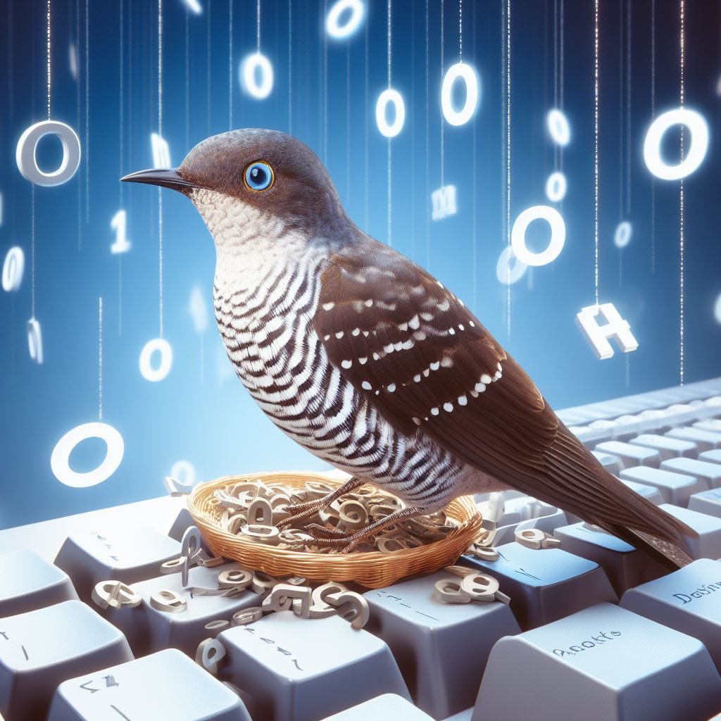 A hyper-realistic illustration of a cuckoo bird sitting on a computer keyboard, with ones and zeros floating in the air, symbolizing cuckoo hashing.